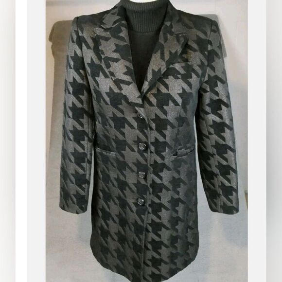 Giacca Coat Large Long Peacoat Black Houndstooth Soft Button Front Classy Womens - Picture 1 of 11